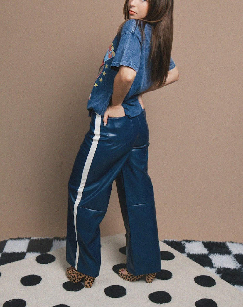 Midnight Racer Wide Leg Faux Leather Track Pant