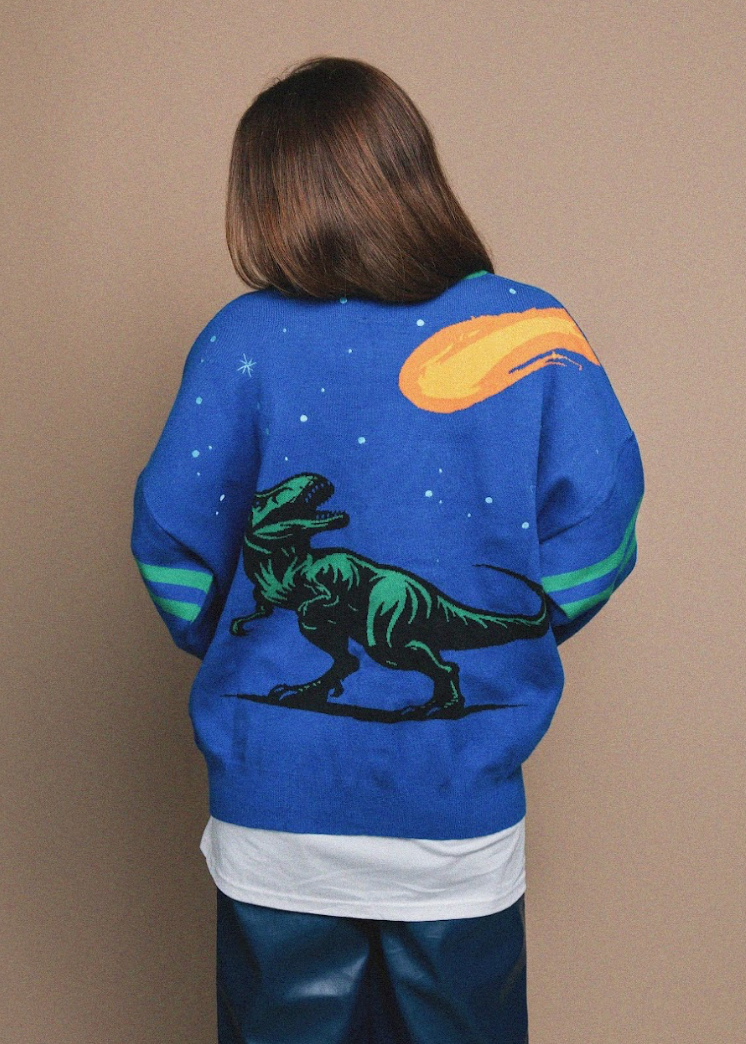 Person wearing a blue sweater with a dinosaur design on the back against a beige wall