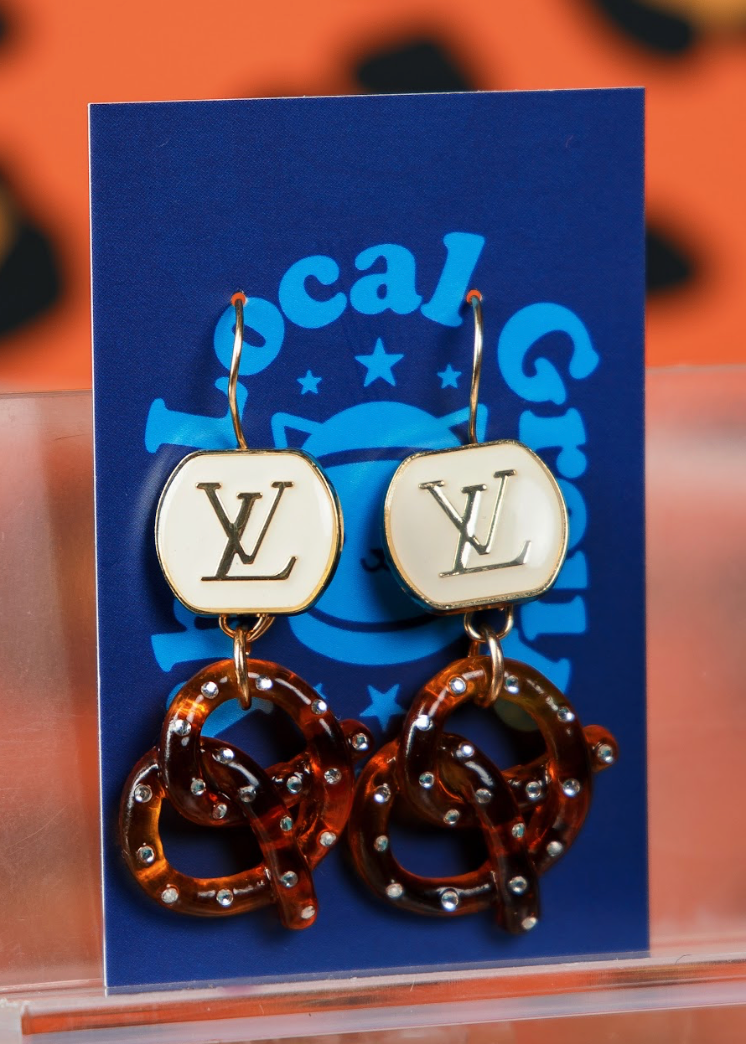 LV Branded Upcycled Drop Earrings with Tortoise Pretzel Charm