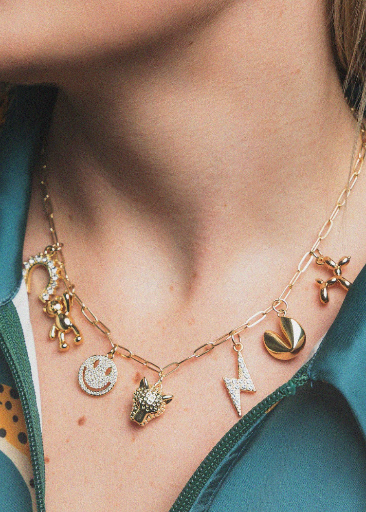 Necklace with various charms worn by a person against a teal background