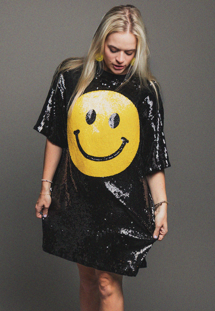 smiley face sequin dress 2Chique Boutique Women's Sequin Smiley Face T Shirt Mini Dress Tunic Regular One Size Black