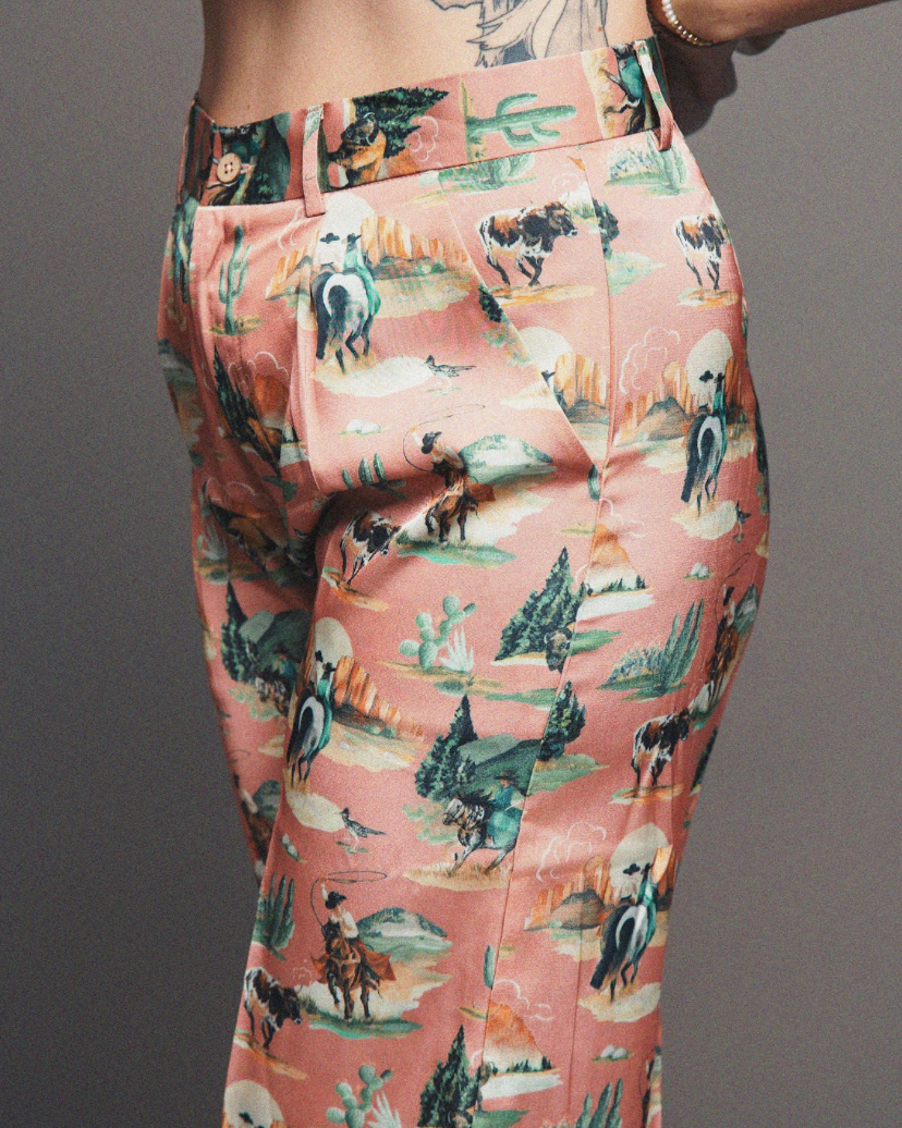Giddy Up Girl Western Print Satin Trouser