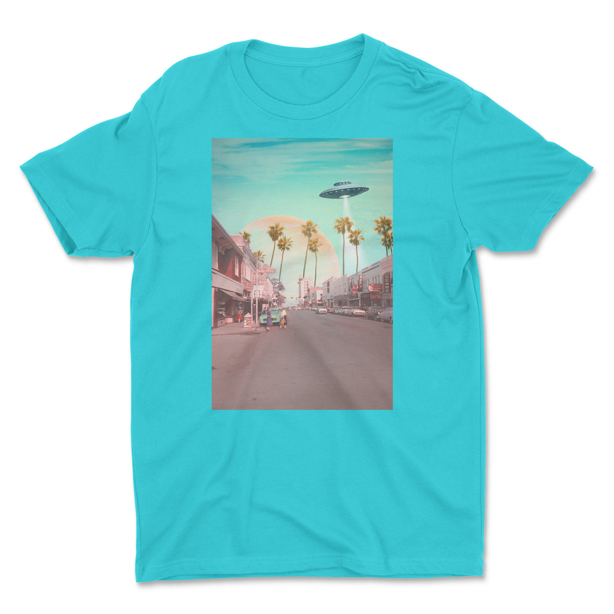 Turquoise t-shirt with a graphic of a street scene with palm trees and a UFO.