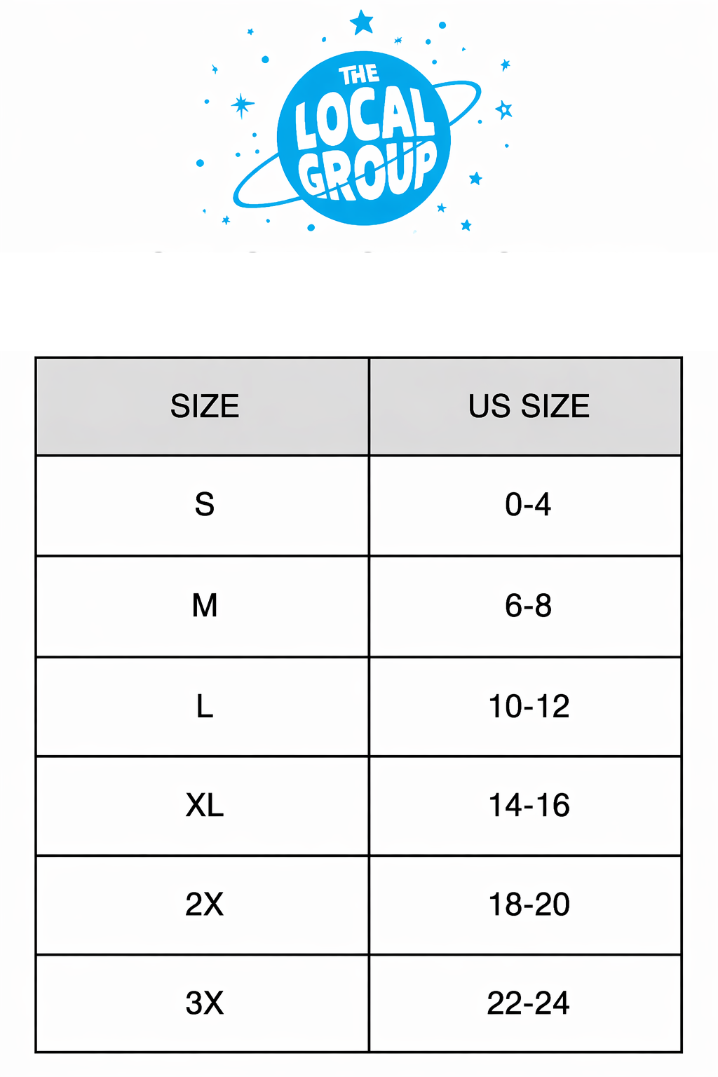 Size chart for women's clothing with 'The Local Group' logo at the top.