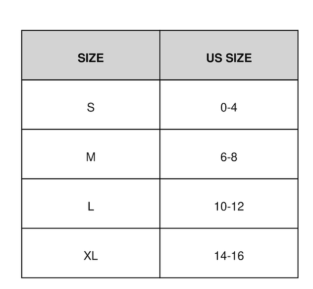A size chart table with columns labeled SIZE and US SIZE, showing mappings S to 0-4, M to 6-8, L to 10-12, and XL to 14-16.