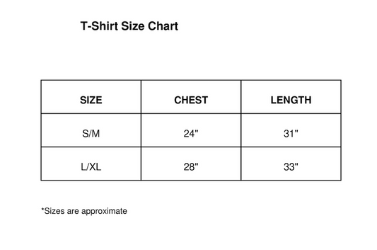 T-shirt size chart with chest and length measurements for S/M and L/XL sizes.