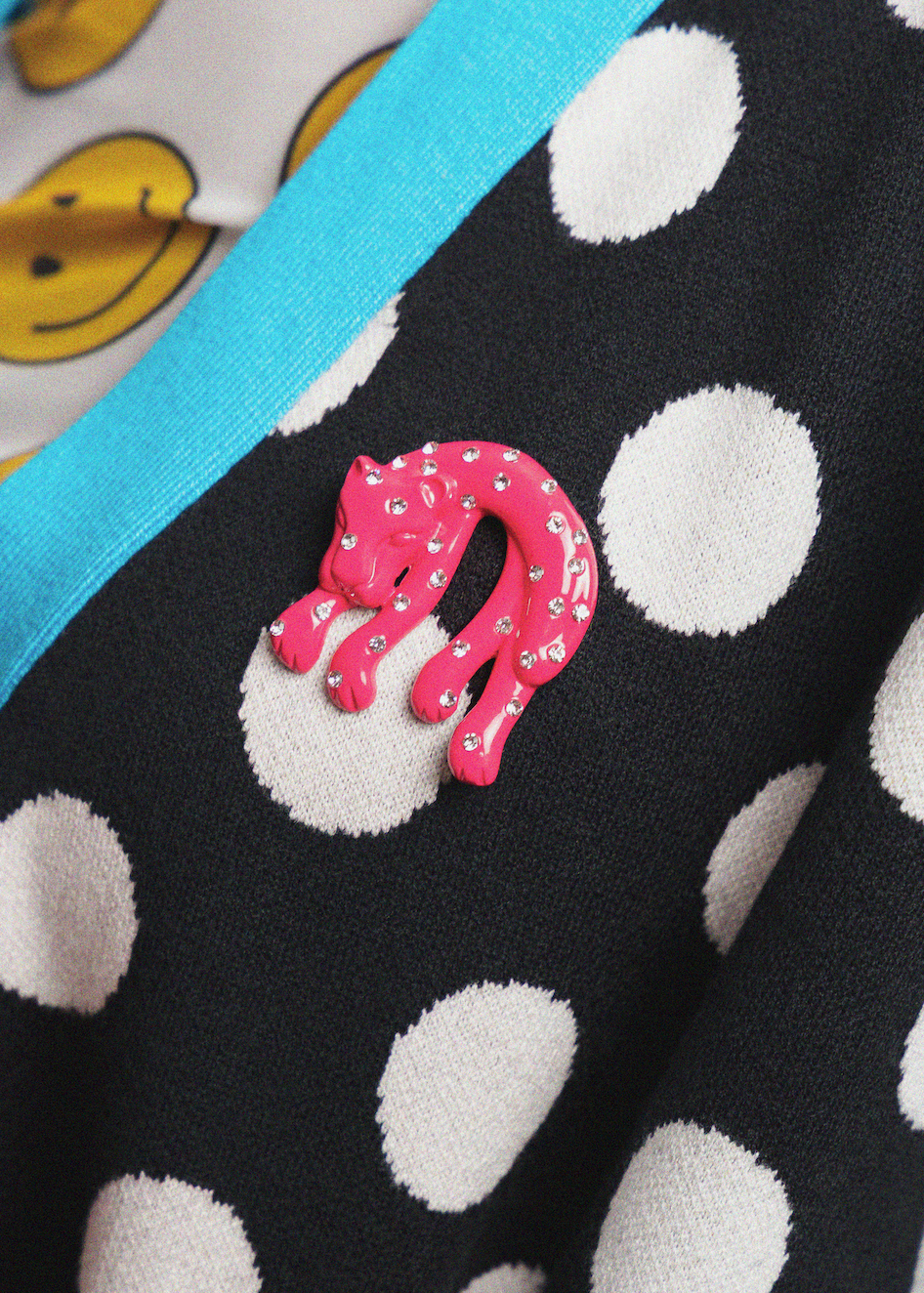 Black polka dot fabric with a pink cat-shaped brooch and blue trim.