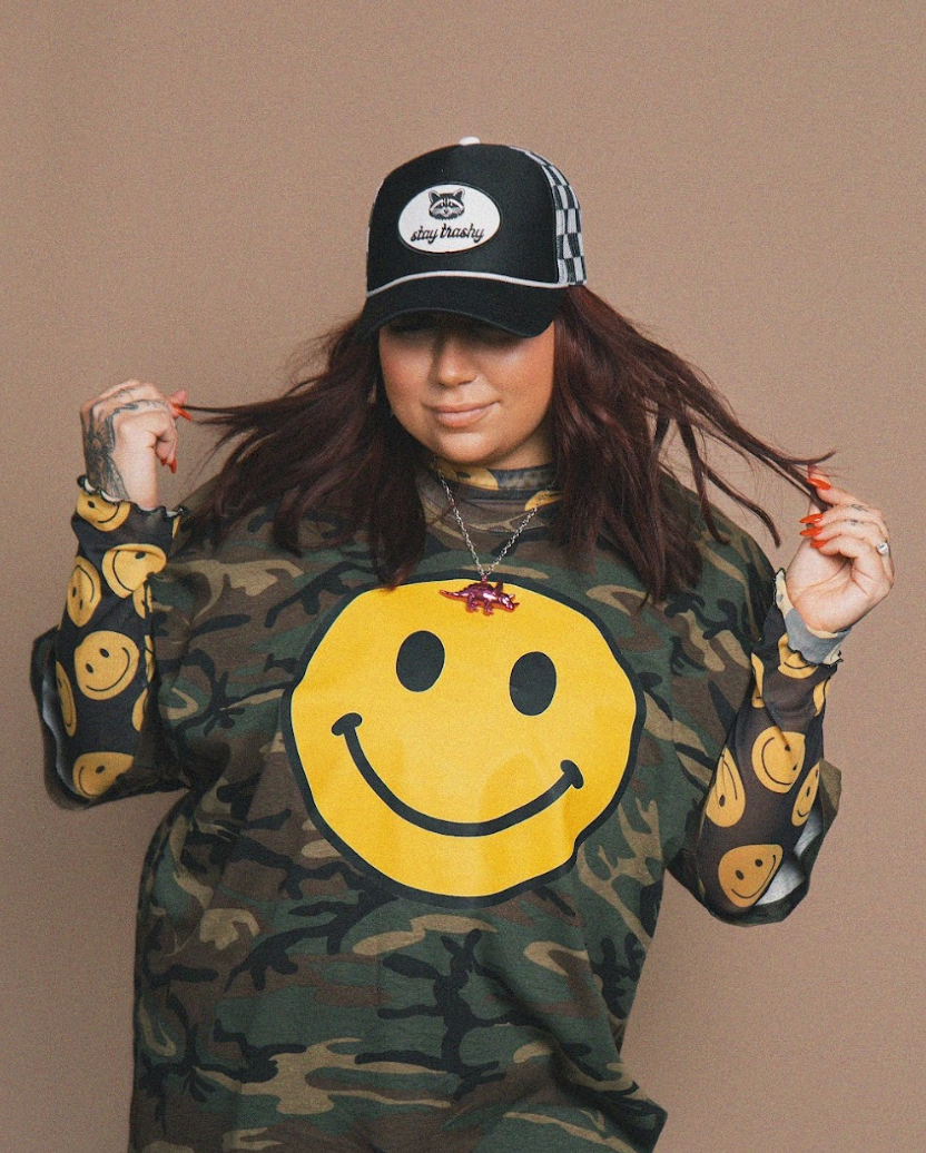 Smiley Season in Camo Oversized Graphic Tee