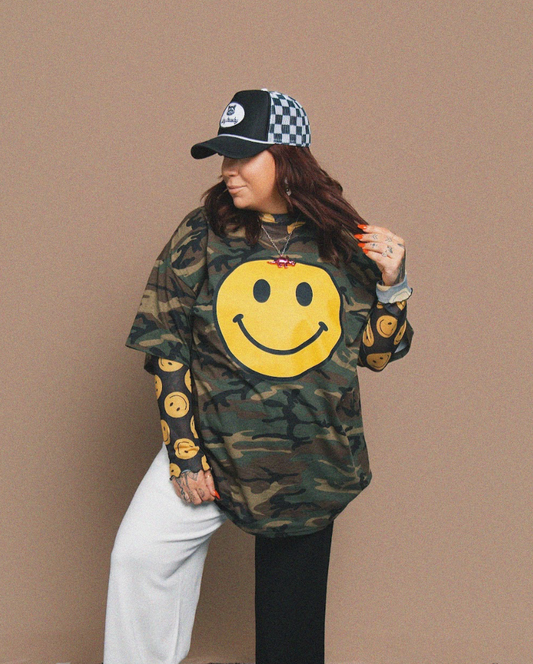 Smiley Season in Camo Oversized Graphic Tee