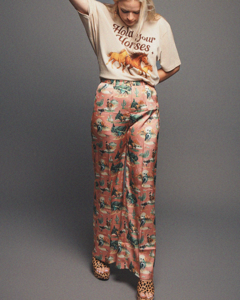 Giddy Up Girl Western Print Satin Trouser