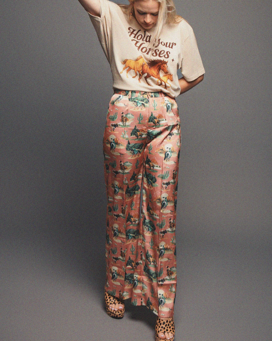 Giddy Up Girl Western Print Satin Trouser