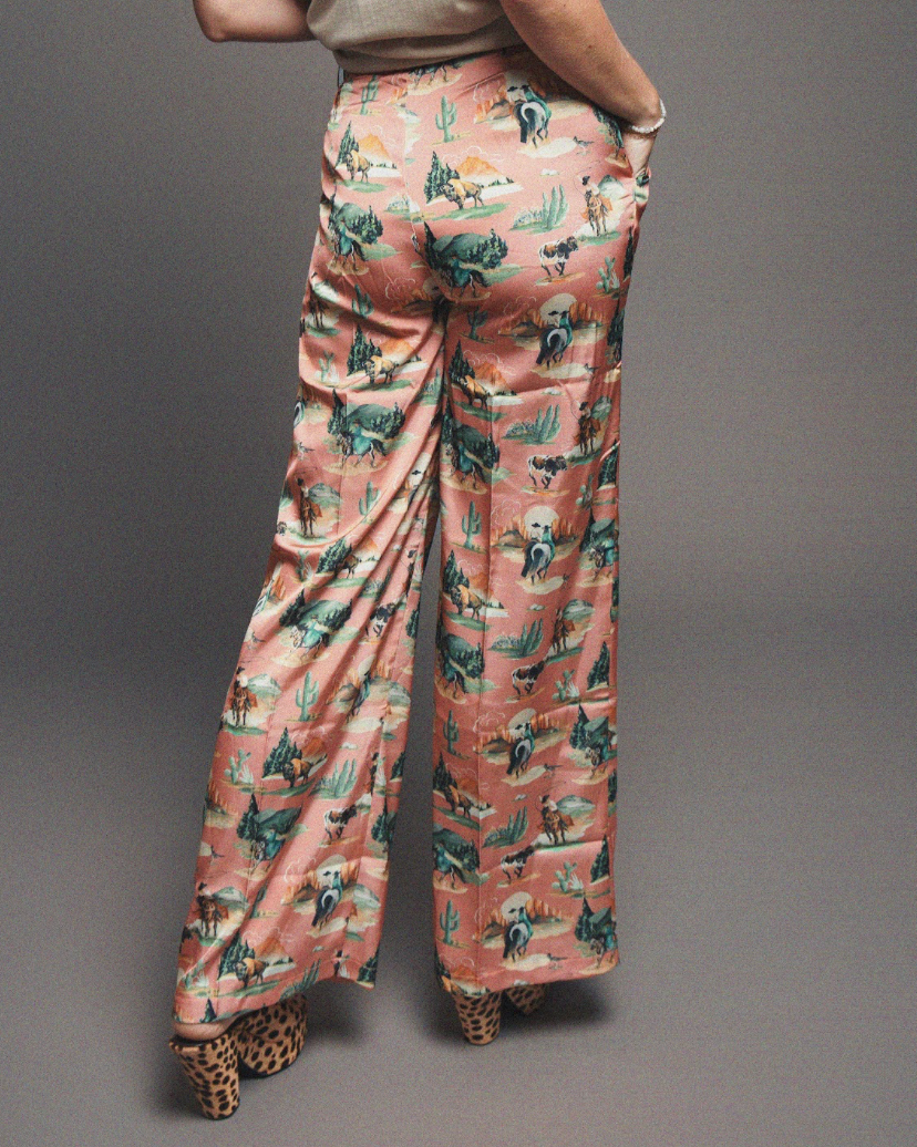 Giddy Up Girl Western Print Satin Trouser