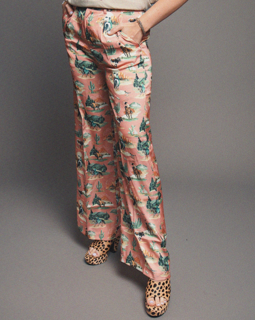 Giddy Up Girl Western Print Satin Trouser