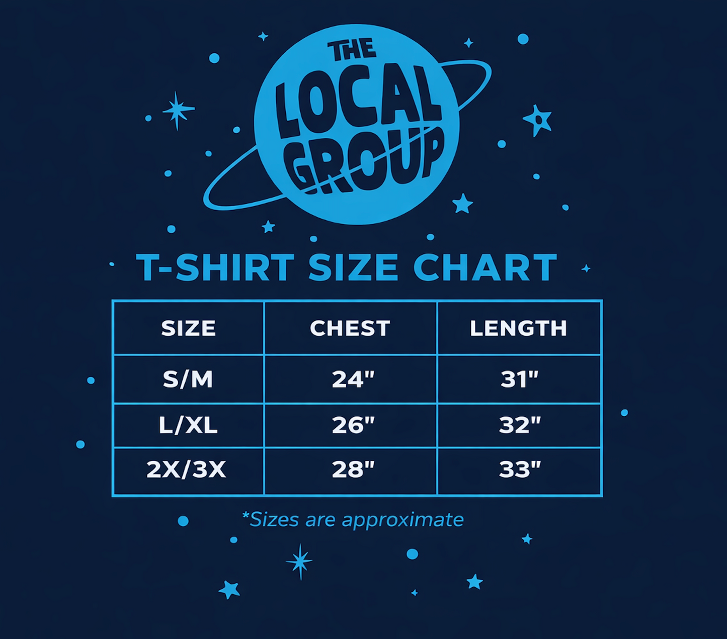 T-shirt size chart with 'The Local Group' logo on a dark blue background