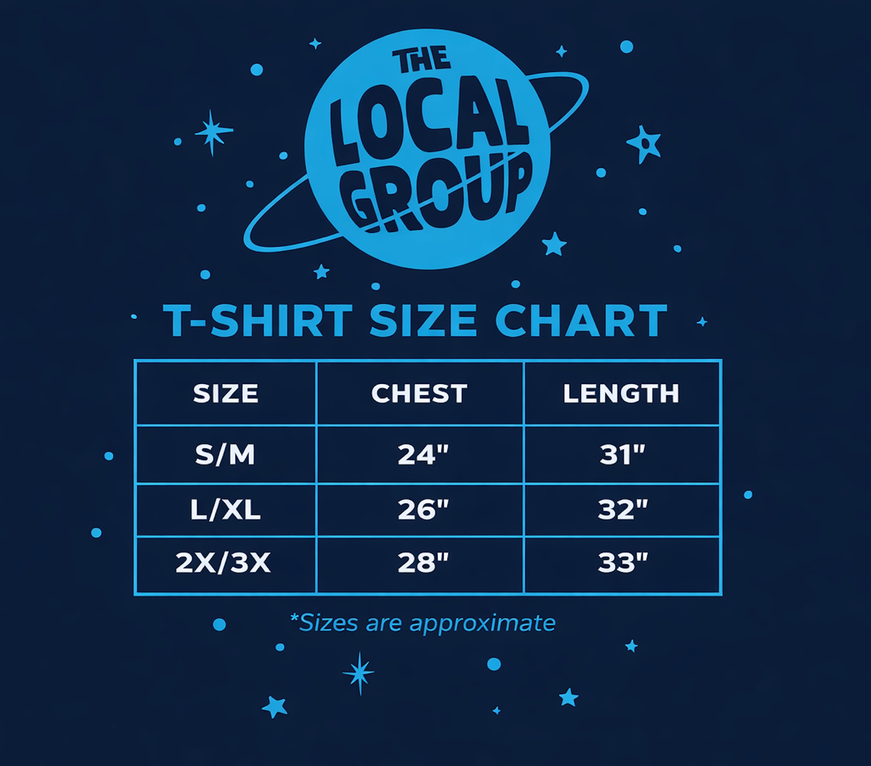 T-shirt size chart with 'The Local Group' logo on a dark blue background