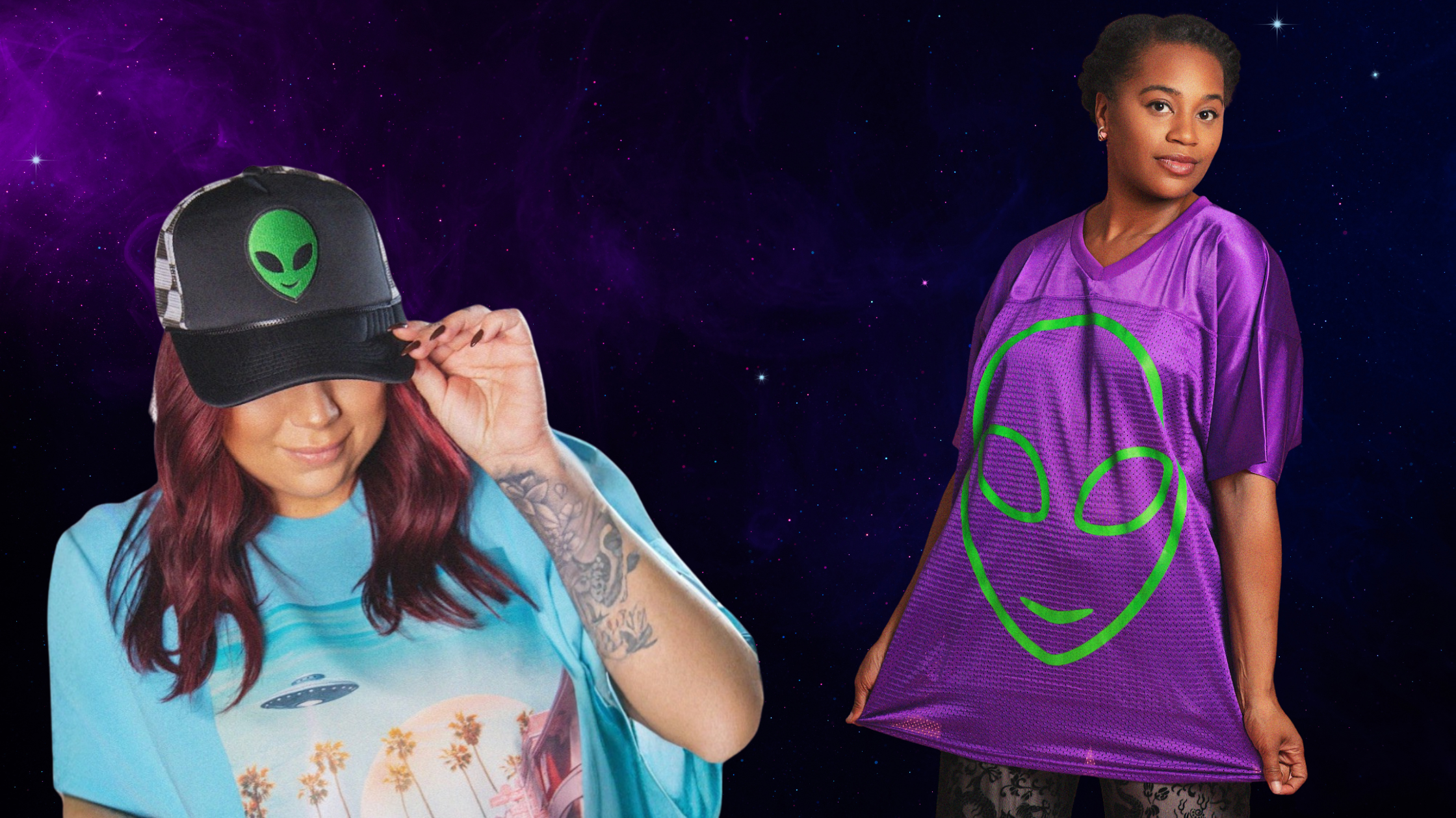 Image of two people, one wearing a trucker hat with alien logo and blue top, one wearing a purple shirt alien logo on a galaxy like background